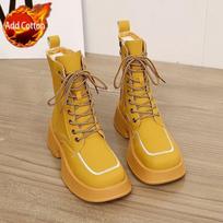 High Platform with Laces Woman Short Shoes Square Toe Chunky Ankle Boots for Women Autumn Winter Fleece-Lined Booties Promotion 35 brown