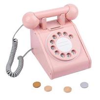 Medinis telefono žaislas vaikams su ratuku, imitacinis žaidimų namelio telefonas, retro telefono žaislas su sukamuoju ratuku ir keturiomis imitacinėmis monetomis juoda
