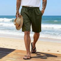Men's Fashionable, Lightweight, Breathable Sports Casual Shorts. Men's Cotton And Linen Beach Vacation Five-inch Length Shorts. L armijos žalia spalva