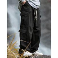 Men Elastic Drawstring Waist Cargo Pants Multi Pocket Loose Wide Leg Casual Streetwear Long Trousers S juoda