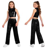 Kids Girls Jazz Dance Performance Outfit Sleeveless Mock Neck Metallic Crop Top with Elastic Waistband Sparkling Sequin Pants 5-6 Years juoda