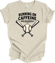 Running on Caffeine and Baseball, Funny Sports Mom Gift, Coffee Lover T-shirt XL