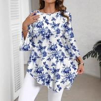 Casual Vintage Floral Print Round Neck 3 4 Sleeve Loose Daily T Shirt S tamsiai mėlyna spalva