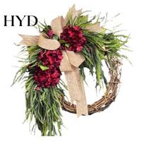 Christmas Decor Rustic Hydrangea Wreath with Burlap Bow Farmhouse Wall Door Hanging for Front Home Garden Wedding Artificial Floral Garland A