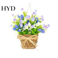 Basket Wreath Spring Tulip Door Hanger for Front Artificial Hanging Floral Rustic Decor with Woven And Bow Farmhouse Home Wall Porch Flower 1pc