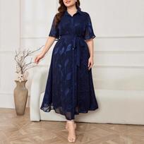 Elegant Waist Cinching Lace Up French Style Mid Length Dress For Women 0XL mėlyna