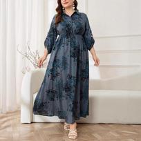 Plus Size Women Summer Loose Floral Printed 3 4 Sleeve Long A Line Dress 0XL mėlyna