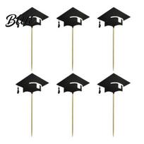 Wooden Skewer Cake Pick 6 Pcs Graduation Toppers Mini Grad Cap Cupcake Black Stable Decoration Glitter Food Appetizer Picks for Class of 2026