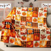 Helovino moliūgų ir klevo lapų languotas patchwork flanelės pledas - minkštas šiltas rudens užtiesalas su languotu ir moliūgo dizainu Size: 75*100cm, Weight: 320 GSM orange