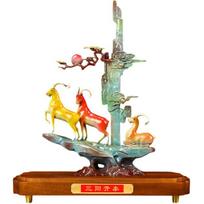 Aris & Juno Feng Shui Three Rams Copper Statue, Handcrafted “San Yang Kai Tai” Sculpture with Wooden Base, Chinese Lucky Decor for Home & Office,