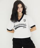 Awesome Studio V-Neck Uniform Short Sleeve T-Shirt White White/Free