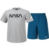 Nasa Unisex Training Cotton Blend Short Sleeve T-Shirt + Woven Knee-Length Shorts Set [Light Melange + Green Blue] 95