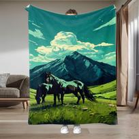 Lush Meadow Horse Scenery Flannel Blanket - All-Season Lightweight Warmth, Soft & Light -Friendly Plush Texture, with Green Mead Size: 75*100cm, Weight: 230 GSM