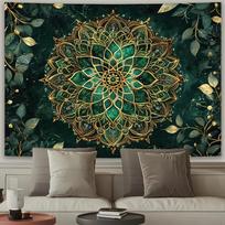 Green Gold Mandala Tapestry, Luxury Boho Floral Print Wall Hanging for Bedroom, Dorm, Living Room & Aesthetic Home Decor 100X70CM