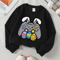 Kids Crewneck Long Sleeve Sweatshirt, Easter Bunny Game Controller & Easter Eggs Print 110 juoda
