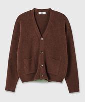 Prage Alpaca Semi-Crop Color Block Knit Cardigan - Brown Brown/M