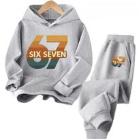 New 67 Pattern Printed Hooded Sweatshirt with Sweatpants for Autumn and Winter, Comfortable and Loose 2-piece Set for Children 110