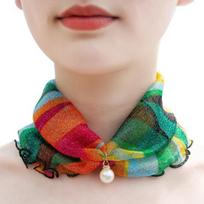 Women Sunscreen Neck Collar Faux Pearl Decor Organza Chiffon Scarf Printing Sheer Trim Loop Scarf Neck Accessory beige