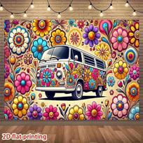2D Groovy Hippie Bus Backdrop Retro Floral Pattern Studio Photography Background 47.2x31.5inch/120*80cm