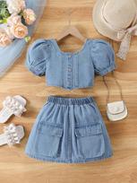Girls' Two-Piece Outfit: Denim T-Shirt Top with Herringbone-Patterned Puff Sleeves & Denim Skirt with Cargo Pockets — Spring/Summer Collection 2-3Y šviesiai mėlyna spalva