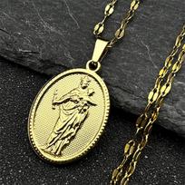 Catholic Virgin Mary Hold Baby Jesus Medal Pendant Necklace for Women Men Stainless Steel Gold Color Christian Jewelry Gift beige