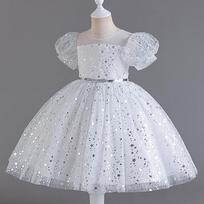 Girls Short Sleeve Sequined Princess Children Formal Wedding Party Dress 120cm balta
