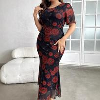 French Elegant Round Neck Waist Slimming Color Block Long Dress For Women 0XL raudona