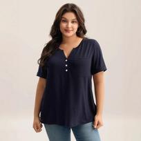 Plus Size Women Soft Solid Color V Neck Button Short Sleeve Casual T Shirt M tamsiai mėlyna spalva