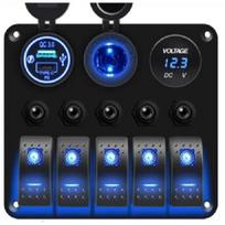 5 Gang Marine Boat Switch Panel 12V/24V IP65 Waterproof Pre-wired Rocker Switches with Dual USB 3.1A Voltmeter Cigarette Outlet mėlyna