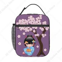 Kokeshi Doll Portable Lunch Boxes Women Multifunction Japanese Sakura Cherry Blossom Thermal Cooler Food Insulated Lunch Bag One Size