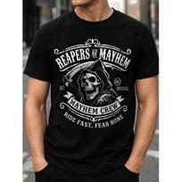 Men's Black Short Sleeve T-Shirt With Vintage Grim Reaper Graphic, Crew Neck, Soft Cotton Feel, Biker Style For Streetwear And Casual Wear S juoda