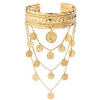 Trendy Tassel Arm Chain Coin Leaf Boho Open Armlet Vintage Golden Metal Cuff Bangle  Musci Festival Style C