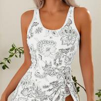 Women European American Vintage Printed One Piece Skirted Triangle Swimsuit S balta