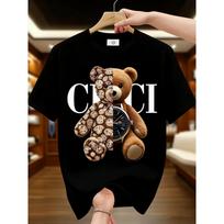 Graphic Teddy Bear Split Design Women's T-Shirt - Casual Short Sleeve Top with Trendy CI Lettering S juoda