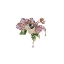Bella Viva Traditional Chinese Peony Enamel Brooch, Gold Plated Copper with Black Freshwater Pearl for Gifts & Formal Occasions