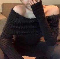 Fashion Furry Off Shoulder Pullover Sweater for Women Autumn Slim Fit Long Sleeve Women Knitted Sweaters Elegant One Shoulder Sexy Lady Knitwear 24788 One Size juoda