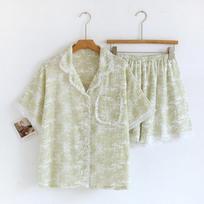 New Japanese Women's Pajama Set 100% Cotton Crepe Short Sleeve Shorts Two Piece Ladies Cardigan Home Furnishing Sleepwear M žalia