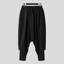 INCERUN Men Elastic Waist Casual Fake Two-piece Baggy Drop-crotch Pants Long Trousers 2XL juoda