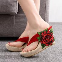 Bohemian Waterproof Platform Heel Sandals Beach Herringbone Foot Slippers Sponge Cake Thick-soled Embroidered Slippers Sandals 39