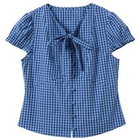 Sancai Retro Plaid V-Neck Puff Sleeve Blouse S
