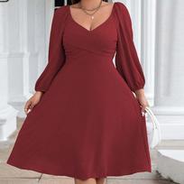 Plus Size Women Elegant Red V Neck Long Sleeve Midi A Line Dress 1XL raudona