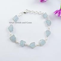 Raw Aquamarine Bracelet, 925 Sterling Silver Bezel, March Birthstone