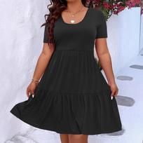 Plus Size Women Solid Color Ruched Crew Neck Short Sleeve Casual Midi Dress XL juoda