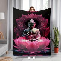 1 Gift for Friends - Cozy Buddha & for Lotus Flannel Throw Blanket | Vibrant Pink, Blue, & Purple Design | Soft Polyester Size: 75*100cm, Weight: 230 GSM