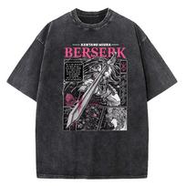 2026 Anime Berserk Guts Graphic Printed Tee Men Women Vintage Washed Casual Tshirts High Quality Cotton T Shirt Harajuku Male T-shirt S įvairiaspalvis
