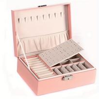 Luxurious Elegant Pink Leather Carton LED Jewelry Box Lock Double Layer Key Closure Classic Rectangle Organizer Rings LG-Q047 leather rožinė