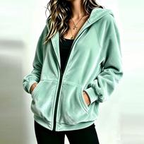 Women's Casual Zip-Up Hoodie, Loose Fit, Color, Long Sleeve M žalia