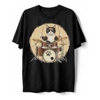 Camiseta Cool Calico Cat Playing Drums Funny Baterista E Mús S