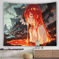 Red Fire Anime Girl Tapestry Volcano Lava Magic Flame Cartoon Wall Hanging for Bedroom Dorm Decor 100X70CM