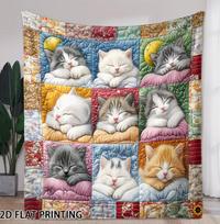 Comfortable Tic-Tac-Toe Grid Cute Sleeping Kitten Healing Flannel Blanket 2D Digital Printing Warm and Anti-Pilling Bed Blanket Size: 75*100cm, Weight: 230 GSM
